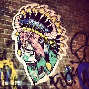 Urban buffalo sometimes lurk through the alleyways of Montreal #streetart #poster #buffalo #montreal #alleys #spotted #graffiti #indianheaddress #urban