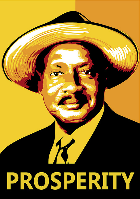 Campaign poster for incumbent President of Uganda, Museveni. Designed by Samson Mwaka.