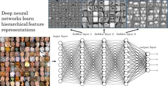 Figure 1: A neural network trained to detect faces automatically learns a hierarchy of representations – corners in the lower layers, eyes and ears in the middle layers, and faces in the upper layers. (source: strong.io)